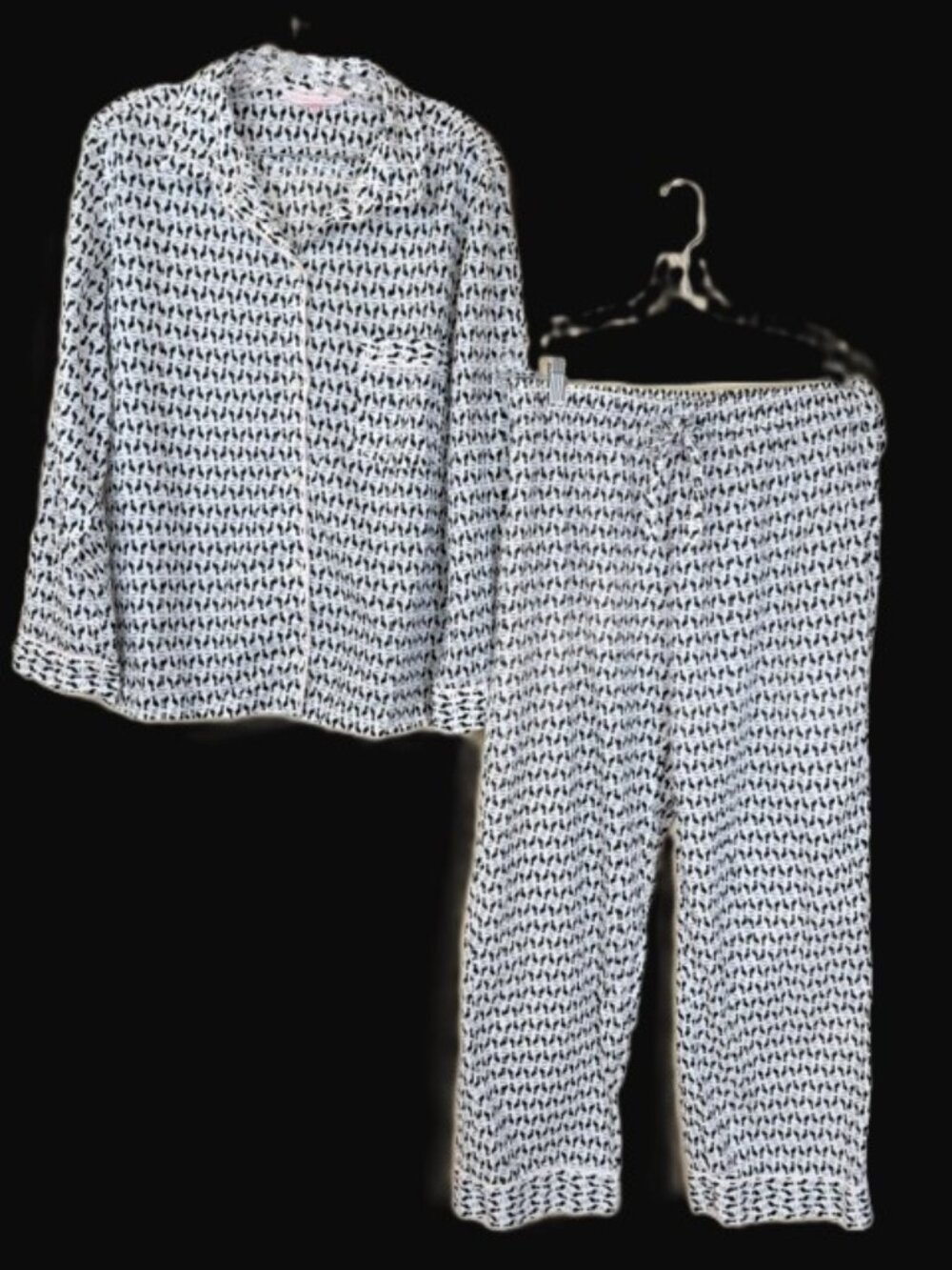 Vintage Victoria's Secret Cat Print Pajamas Large Cotton Poplin White Black